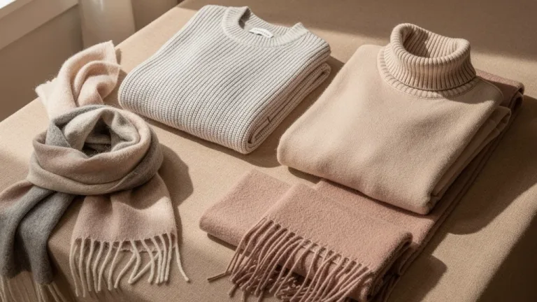Luxurious wool and cashmere garments neatly folded, showcasing their soft textures and elegant appearance, ready for expert care.