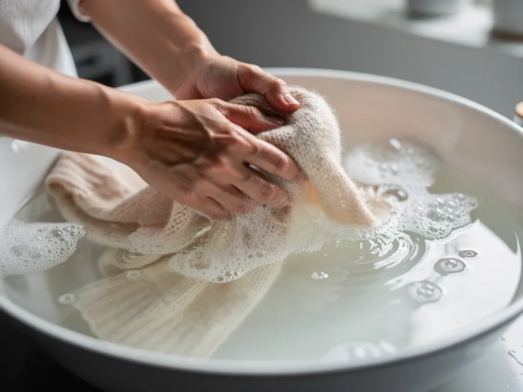 Person gently hand-washing a cashmere sweater using careful fabric care techniques