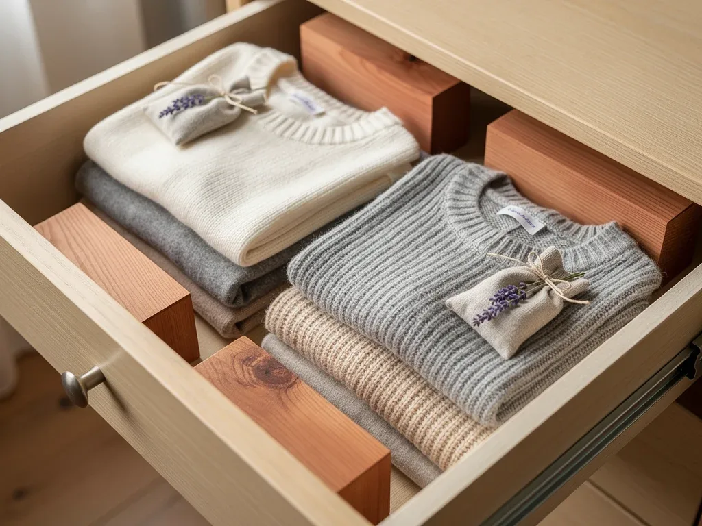 Folded wool and cashmere garments prepared for clean seasonal storage