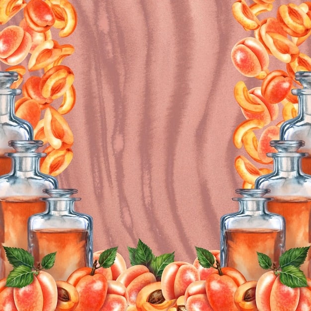 An illustration showing the different layers of a perfume: the top layer depicts citrus fruits and herbs, the middle layer features floral elements, and the base layer showcases woody and amber notes.