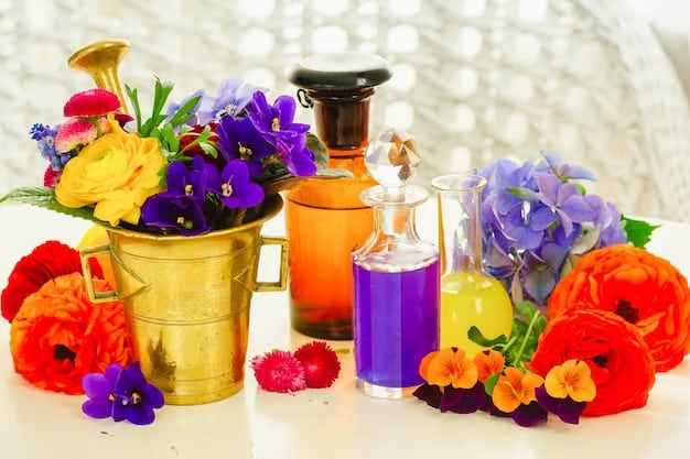 A close-up of various perfume ingredients like flowers, spices, and citrus fruits arranged artfully, symbolizing the different notes in a fragrance. Soft focus and natural lighting.