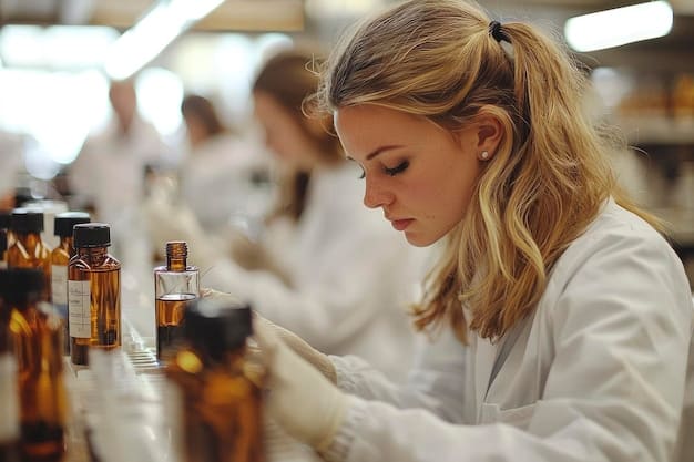 A perfume artisan working on a fragrance formula in a laboratory. Various bottles of essential oils and raw materials surround the artisan, who is carefully measuring ingredients with a pipette. The setting is a bright and clean laboratory, filled with scientific equipment.