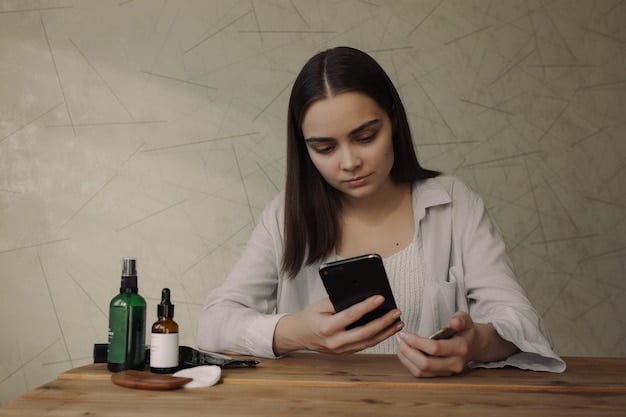 A person carefully reading fragrance reviews on a tablet, surrounded by various open perfume bottles. Their expression is one of careful consideration.