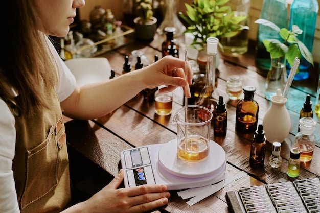 A perfumer in a lab, carefully measuring out ingredients for a niche fragrance. The lab equipment is visible, and the perfumer is wearing gloves and a lab coat, indicating the precise and scientific nature of the work.