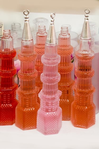 An organized collection of different perfume samples and atomizers, displayed neatly on a tray, with labels clearly visible.