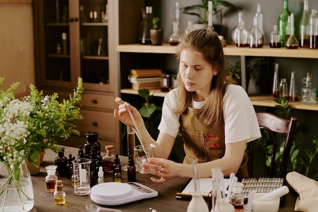 A well-lit laboratory where an indie perfumer is carefully blending ingredients in small beakers. The perfumer is wearing gloves and a lab coat, and there are various raw materials and equipment visible in the background, showcasing the precision and artistry involved in crafting indie perfumes.
