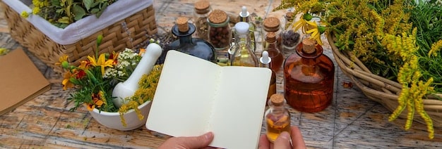 A perfumer's organ with various small bottles and ingredients, brightly lit, surrounded by notes and documents, symbolizing the complexity and science behind fragrance creation and reformulation.