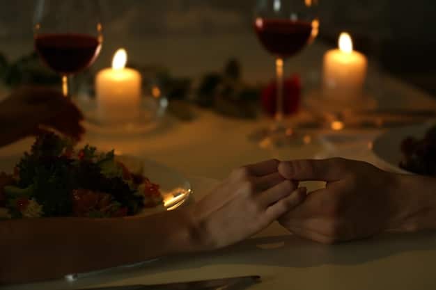 A softly lit, intimate restaurant setting with a couple enjoying a romantic dinner. Candles are flickering on the table, and the focus is on their subtle interaction. In the background, there are glimpses of other diners and soft, warm lighting. The image should evoke a sense of intimacy and romance, with the subtle suggestion of the fragrances they might be wearing enhancing the ambiance.