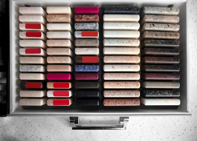 A well-organized makeup station featuring a variety of eyeshadow palettes in neutral and dark shades, a set of makeup brushes with different shapes and sizes, an eyeliner pencil, a mascara tube, and a blending sponge. The lighting is soft and diffused, highlighting the textures and colors of the products.