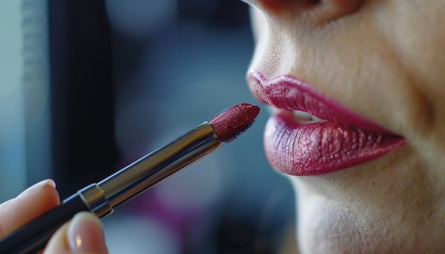 A close-up shot of a makeup artist applying a berry-colored lipstick to a bride. The focus is on the smooth, flawless application and the rich color of the lipstick.