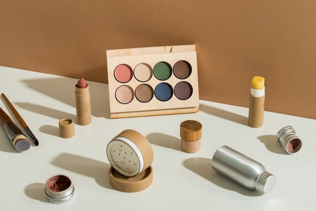 A well-lit makeup vanity with various daytime makeup products neatly arranged, including lightweight foundations, neutral eyeshadow palettes, and natural-toned lipsticks.