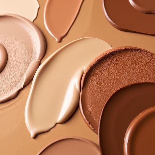 A close-up of different foundation bottles and compacts, each labeled with skin-type recommendations (e.g., 