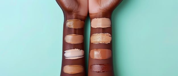 A makeup artist applying different types of foundation (liquid, cream, powder, stick) on different skin tones, showcasing the texture and finish of each formula.