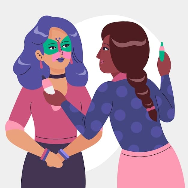A person spraying another person's face with setting spray. The person receiving the spray has vibrant purple and blue eyeshadow and chunky glitter on their cheeks.