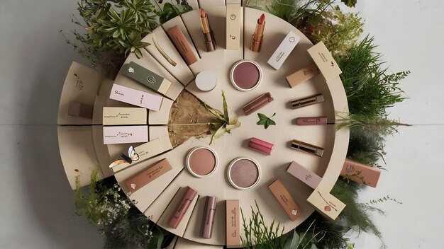 A collection of zero-waste makeup products, including refillable compacts, bamboo-handled brushes, and biodegradable packaging, arranged neatly on a minimalist shelf.