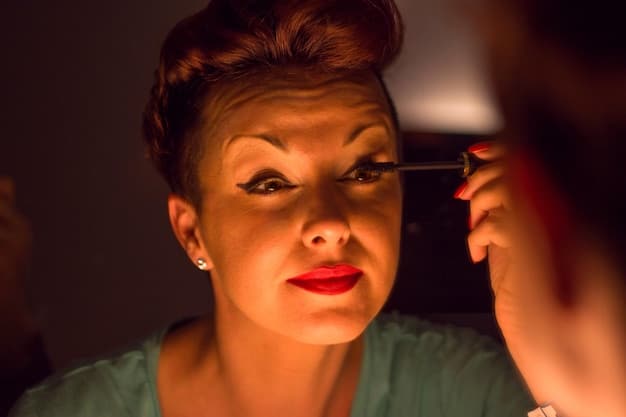 A close-up of a woman's face, demonstrating how heavy foundation settles into fine lines around her eyes, making her look older. The focus is on the creasing and uneven texture of the makeup.