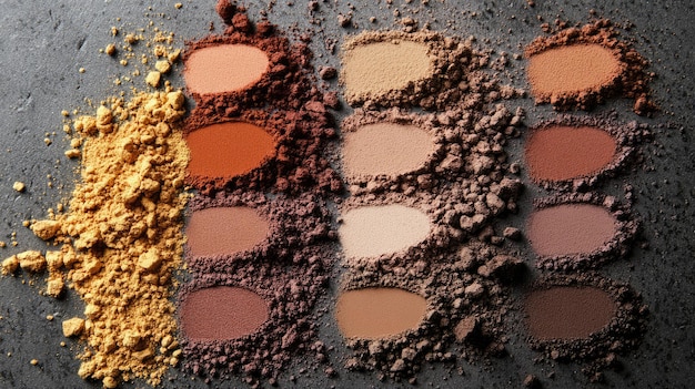 A close-up of various powder bronzers in different shades, showcasing matte and shimmer finishes. The shades range from light beige to deep bronze, illustrating the variety available for different skin tones.