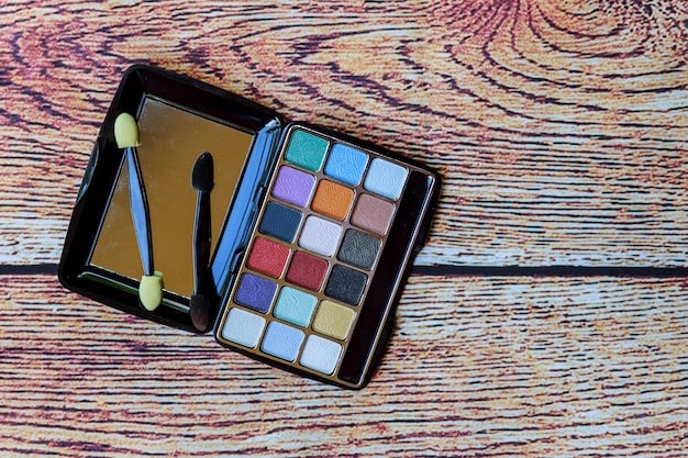A well-organized makeup kit with various eyeshadow palettes, makeup brushes, and eyeliners arranged neatly on a vanity. The eyeshadow palettes feature a range of neutral and dark shades, perfect for creating a smoky eye look.