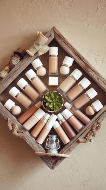 A product shot featuring an array of foundation bottles and compacts, each labeled distinctly with their formula type (liquid, powder, cream, stick) and targeted skin type (oily, dry, combination). The background is softly blurred to focus attention on the variety of options available.