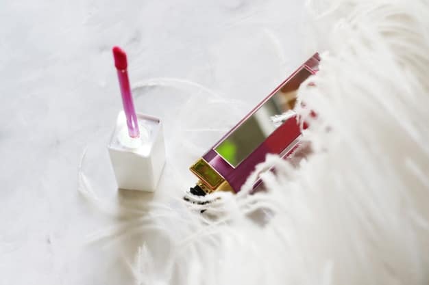 A close-up of various lipstick tubes and swatches, highlighting different formulas like matte, liquid, and satin. The background is a makeup artist's station with professional lighting.