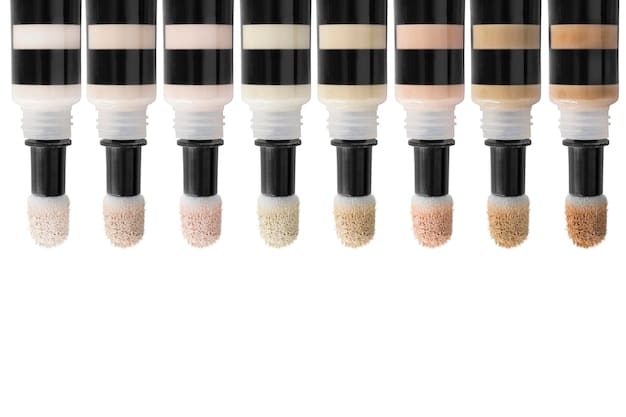 A collection of various foundations suitable for oily skin, including matte liquid foundations, powder foundations, and stick foundations. Close-up on the labels highlighting 