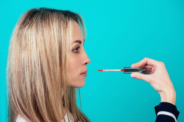 Step-by-step images demonstrating the correct way to apply lipstick using a brush for precision and even coverage.