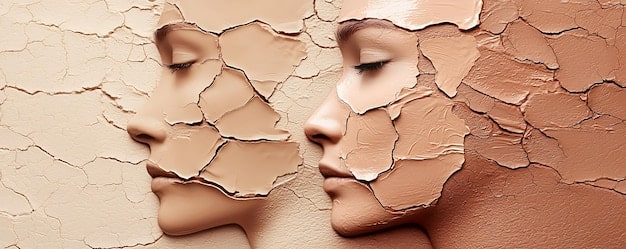 A split image showing two different foundations being applied to two different skin types. On one side, a matte foundation is being applied to oily skin, demonstrating shine control. On the other side, a dewy foundation is being applied to dry skin, showcasing hydration.