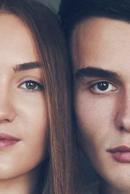 A split image showing before and after tweezing. The 'before' image shows messy, unshapen eyebrows, while the 'after' image shows clean, well-defined eyebrows.