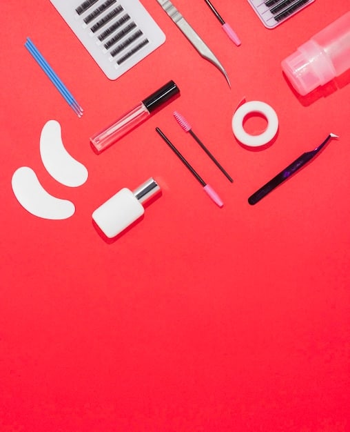A flat lay of various skincare products designed for the under-eye area, including an eye cream, a hydrating serum, and a gentle makeup remover. The products are arranged neatly on a soft, neutral-colored background.