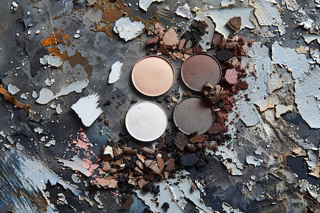 A detailed shot of various eyeshadow palettes featuring smoky shades of black, gray, and brown.