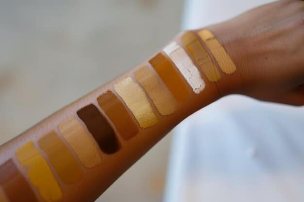 A close-up of different foundation formulas (liquid, cream, powder, stick) swatched on an arm, showcasing their textures and finishes.