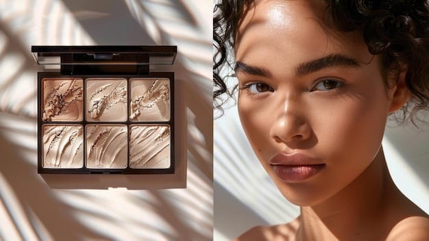 Close-up shot of various bronzer shades displayed in a makeup palette. The lighting is soft, and a hand is swatching the bronzers on fair skin to show their different undertones.