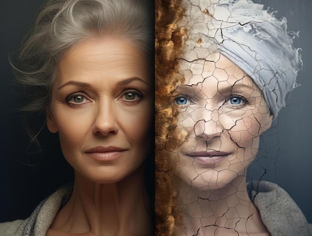 A split image showing a mature woman with dry, cracked foundation on one side of her face and smooth, hydrated foundation on the other.