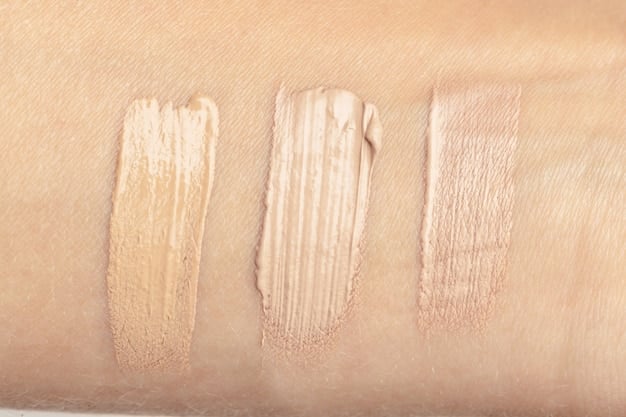 A close-up comparison of different foundation textures (liquid, powder, cream, stick) on different skin types (oily, dry, combination).