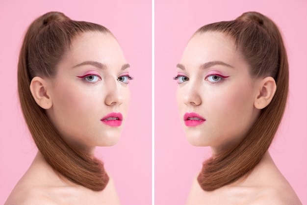 A side-by-side comparison of eyebrows. On the left, thin, sparse, poorly shaped eyebrows. On the right, full, well-defined eyebrows with a soft, natural arch, framing the face beautifully.