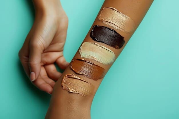A close-up of different foundation textures (liquid, powder, cream) on a hand, each demonstrating varying levels of coverage and finish.