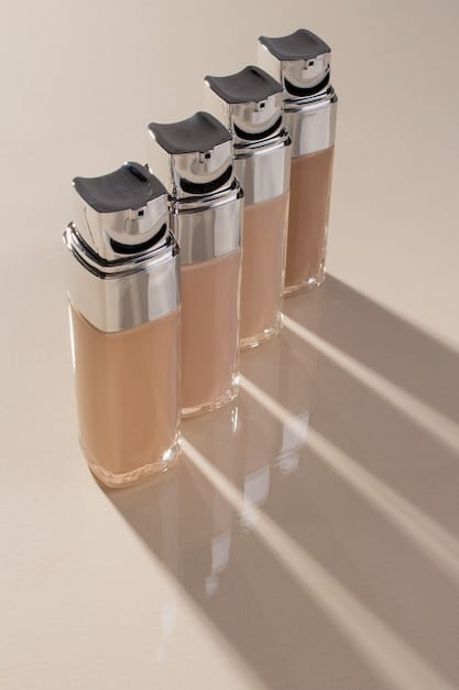 Three different foundations are displayed: the first is a lightweight foundation with light coverage, the second is a tinted moisturizer with sun protection, and the third is a dewy foundation with buildable coverage. Each product is showcased in a sleek bottle, highlighting its smooth and hydrating texture.