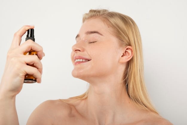 A woman with dry skin applying a hydrating setting spray, with a focus on the fine mist and her glowing complexion. The background is blurred to emphasize the subject.