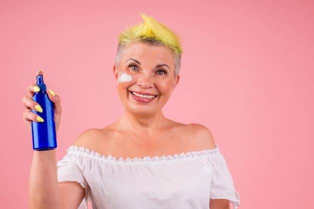 A split-screen image showing a model with combination skin applying setting spray. One side of the screen highlights the T-zone area being targeted, while the other shows the mist being applied lightly to the cheeks.
