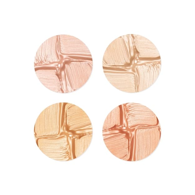 A split image showcasing different highlighter shades swatched on various skin tones. The image demonstrates how pearlescent tones flatter fair skin, rose gold and peach tones complement light to medium skin, and gold and copper tones enhance medium to deep skin.