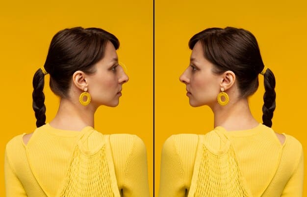 A split-screen image showing a woman's nose before contouring on one side and after contouring on the other. The 