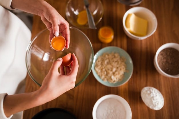 A person is mixing ingredients in a small ceramic bowl. The visible ingredients are honey, aloe vera gel, and bits of a ground oatmeal.