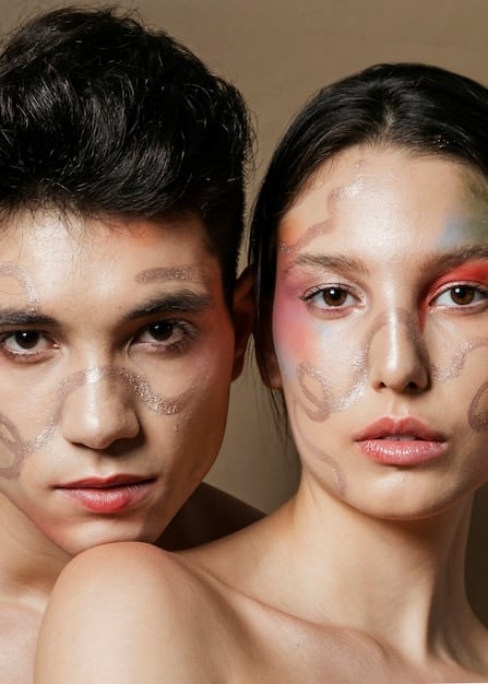 A split image showcasing different foundation finishes (matte, dewy, satin) on models with varying skin types, highlighting the impact of each finish on the overall look.