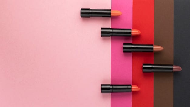 A selection of long-lasting lipsticks from various brands, arranged neatly on a makeup display. Focus is on the different shades and textures available.