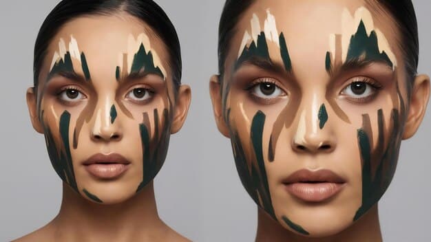A split-screen showing a face with color corrector applied on one side and the same face with foundation and concealer layered on top on the other side, demonstrating the blending process.