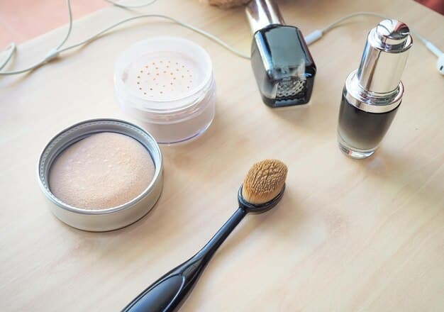 Close-up of various waterproof foundation bottles and compacts on a vanity, with different shades and textures visible. Makeup brushes and sponges are scattered around, indicating application tools.