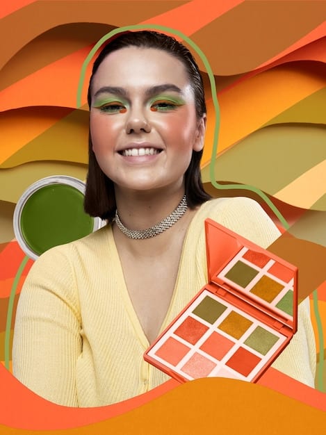 A split image showcasing two different seasonal eyeshadow looks: On the left, a model with soft, pastel pink and lavender eyeshadow, paired with a glossy lip, representing a fresh spring look. On the right, a model with a bold, electric blue eyeshadow, with a matte orange lipstick, exemplifying a vibrant summer style.