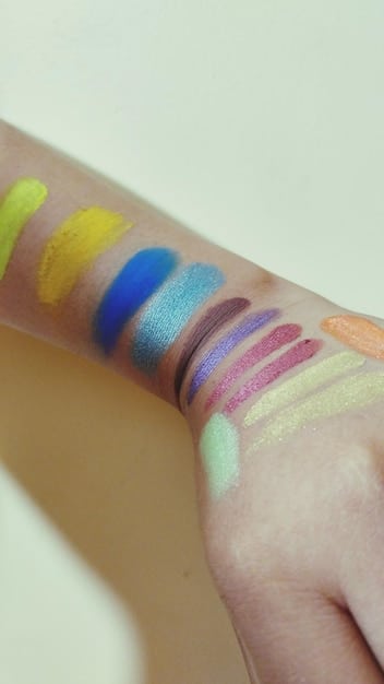 Swatches of different highlighter shades on a woman's arm, showcasing the range of colors and finishes available, from subtle shimmers to intense glitters.