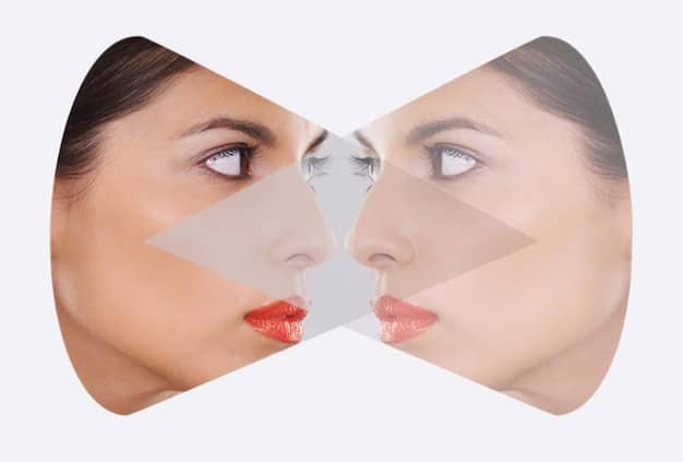 A split image showcasing two different brow shapes: one with thin, overly plucked brows and the other with full, naturally arched brows. The image emphasizes the contrast and demonstrates how brow shape can dramatically affect overall attractiveness and facial balance.