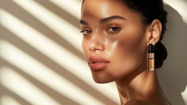 A woman with flawless, dewy skin, accentuated with strategically placed liquid highlighter. The lighting captures the shimmer and glow of the skin, emphasizing the healthy and hydrated appearance.